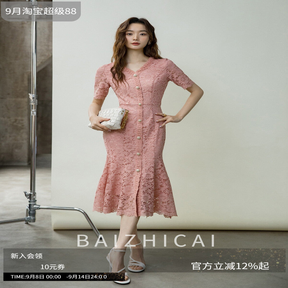 Thin V neck Autumn socialite Hepburn pink lace gentle dress for women stylish and slimming temperament fishtail skirt 434 image 1