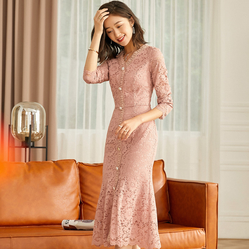 Thin V neck Autumn socialite Hepburn pink lace gentle dress for women stylish and slimming temperament fishtail skirt 434 image 9