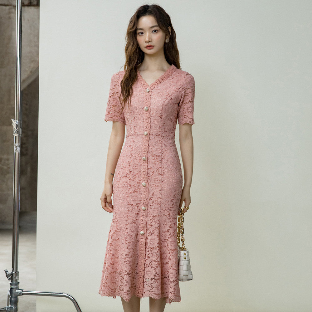 Thin V neck Autumn socialite Hepburn pink lace gentle dress for women stylish and slimming temperament fishtail skirt 434 image 29