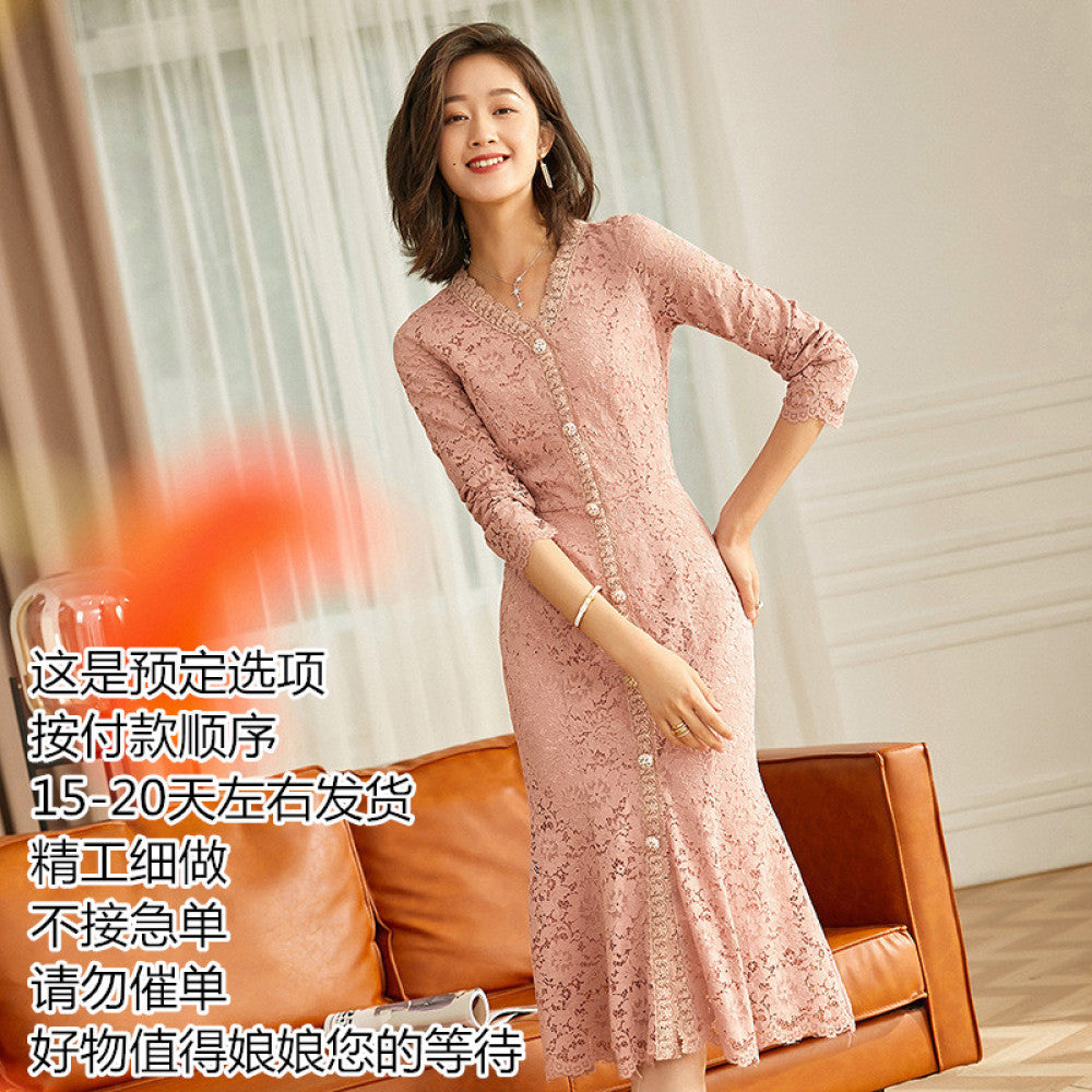 Thin V neck Autumn socialite Hepburn pink lace gentle dress for women stylish and slimming temperament fishtail skirt 434 image 39