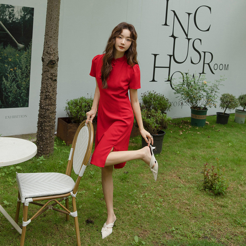 Chinese China Chic retro 2547 beauty red dress Spring and autumn improved cheongsam can wear short sleeved chiffon skirt everyday image 15