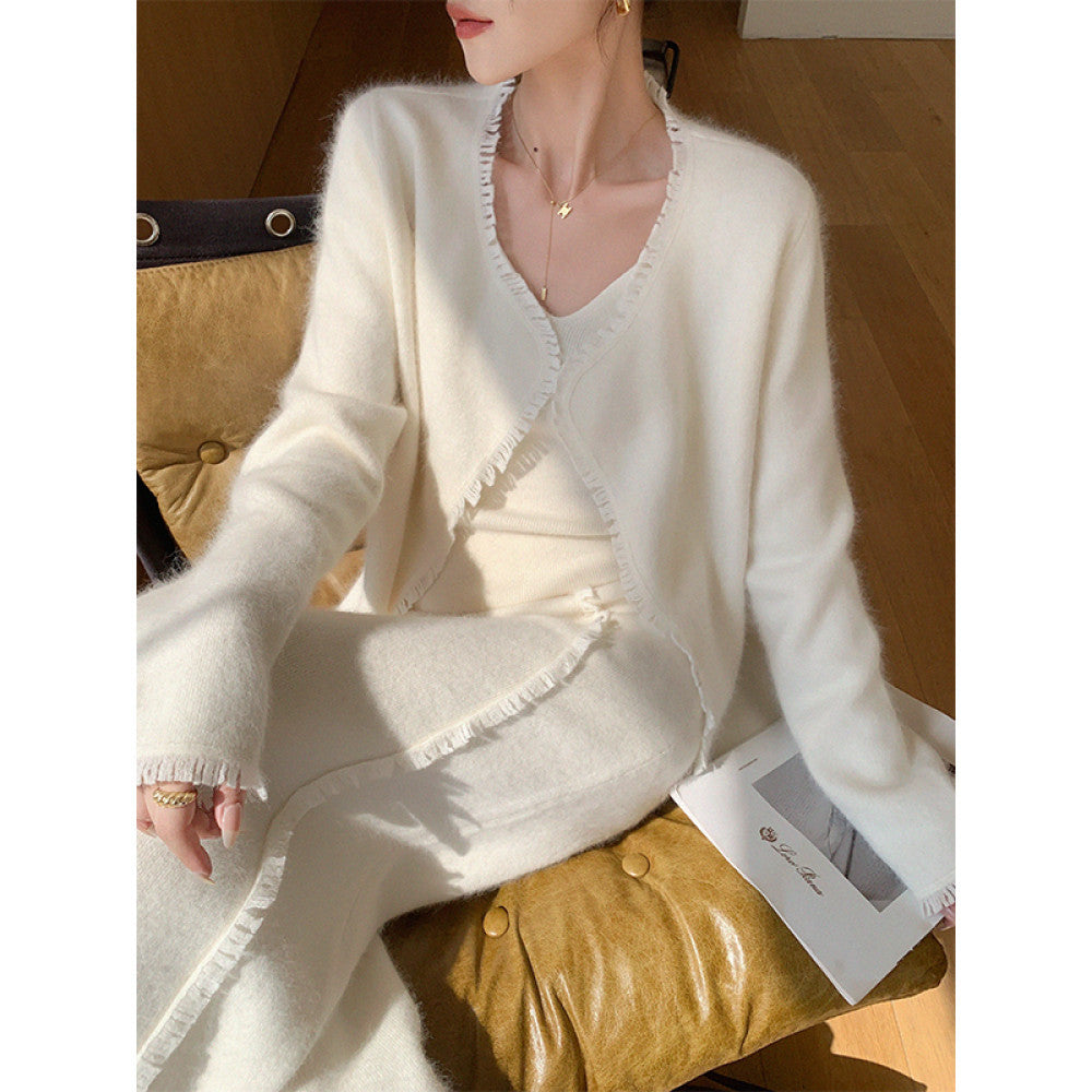 Customized white three piece set for dimples women s 2025 autumn new sleeveless vest top jacket high waisted skirt image 5