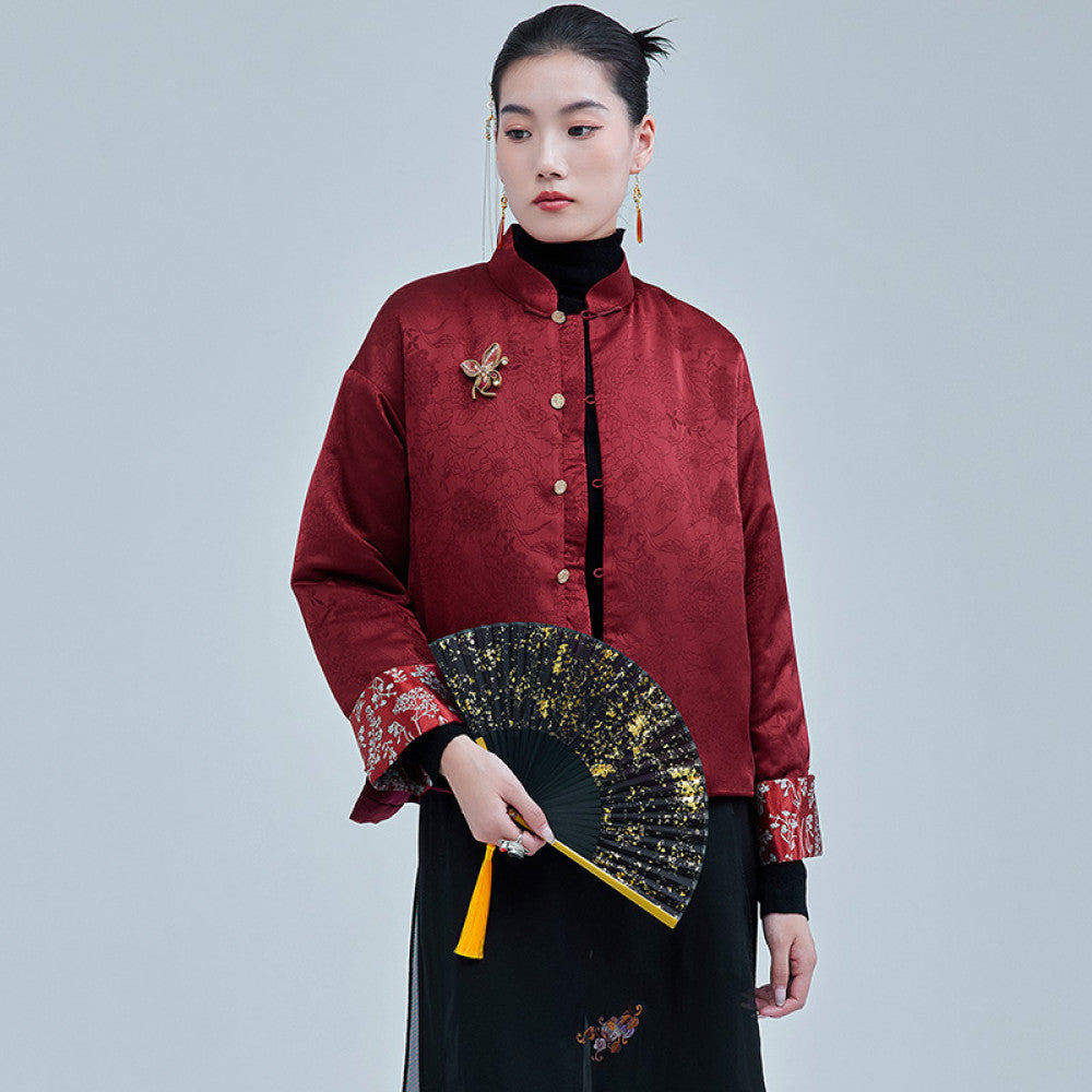 Moyu 2024 Autumn Winter New Chinese Style Retro Jacquard Segment Cotton Jacket New Chinese Red Tang Top Coat image 9