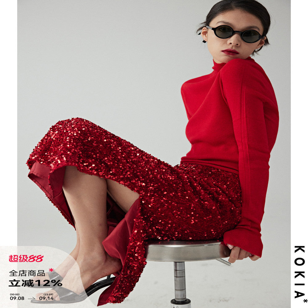 KOKIA Spot Pomegranate Red Velvet Stereoscopic Glitter Light Dress Straight Split Double Layer Skirt image 0