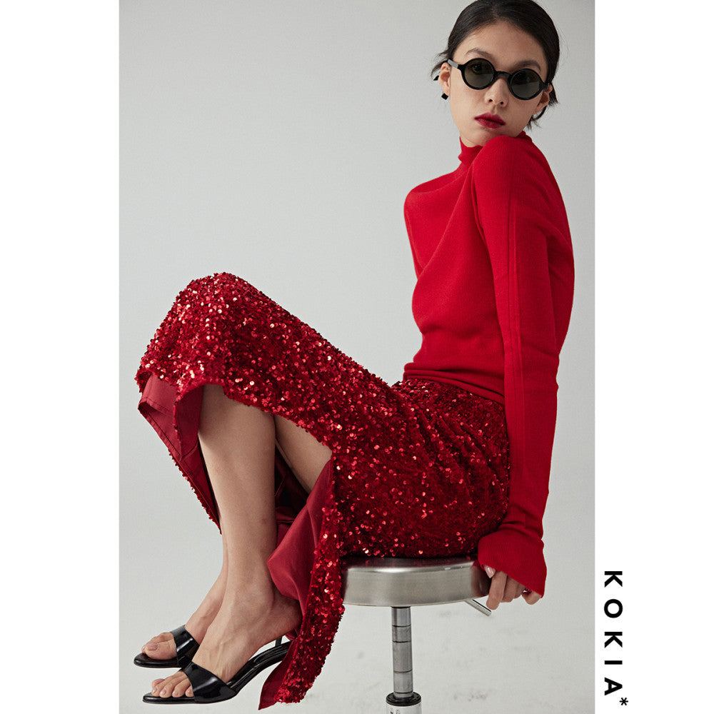 KOKIA Spot Pomegranate Red Velvet Stereoscopic Glitter Light Dress Straight Split Double Layer Skirt image 6