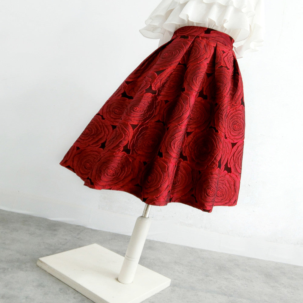 Ziwei Yiankala Red Pong Skirt New High Noble Red Three Dimensional Flower Hepburn Skirt Spring and Autumn Versatile Medium Length High Waist Skirt image 1