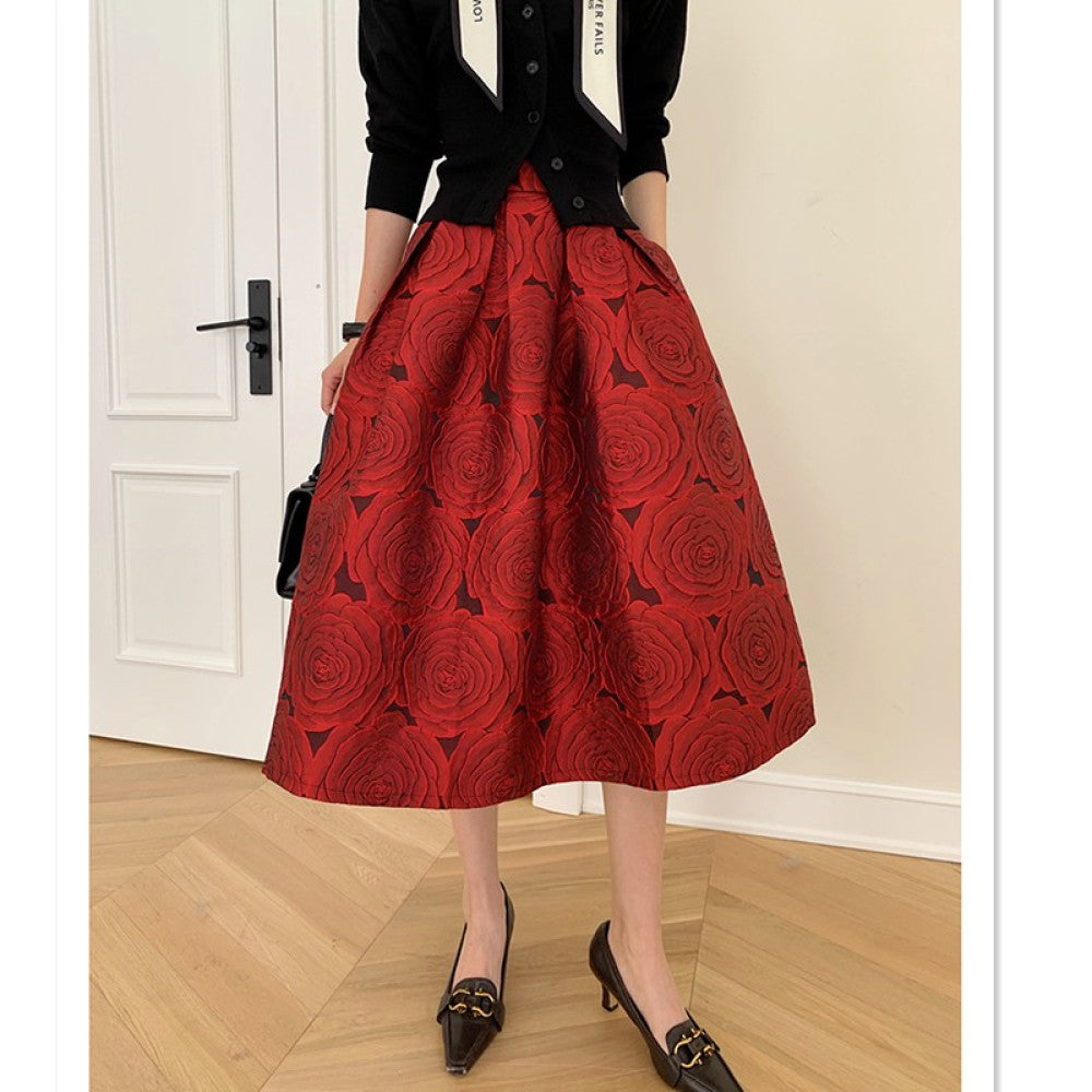 Ziwei Yiankala Red Pong Skirt New High Noble Red Three Dimensional Flower Hepburn Skirt Spring and Autumn Versatile Medium Length High Waist Skirt image 16