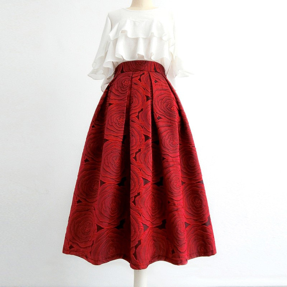 Ziwei Yiankala Red Pong Skirt New High Noble Red Three Dimensional Flower Hepburn Skirt Spring and Autumn Versatile Medium Length High Waist Skirt image 19