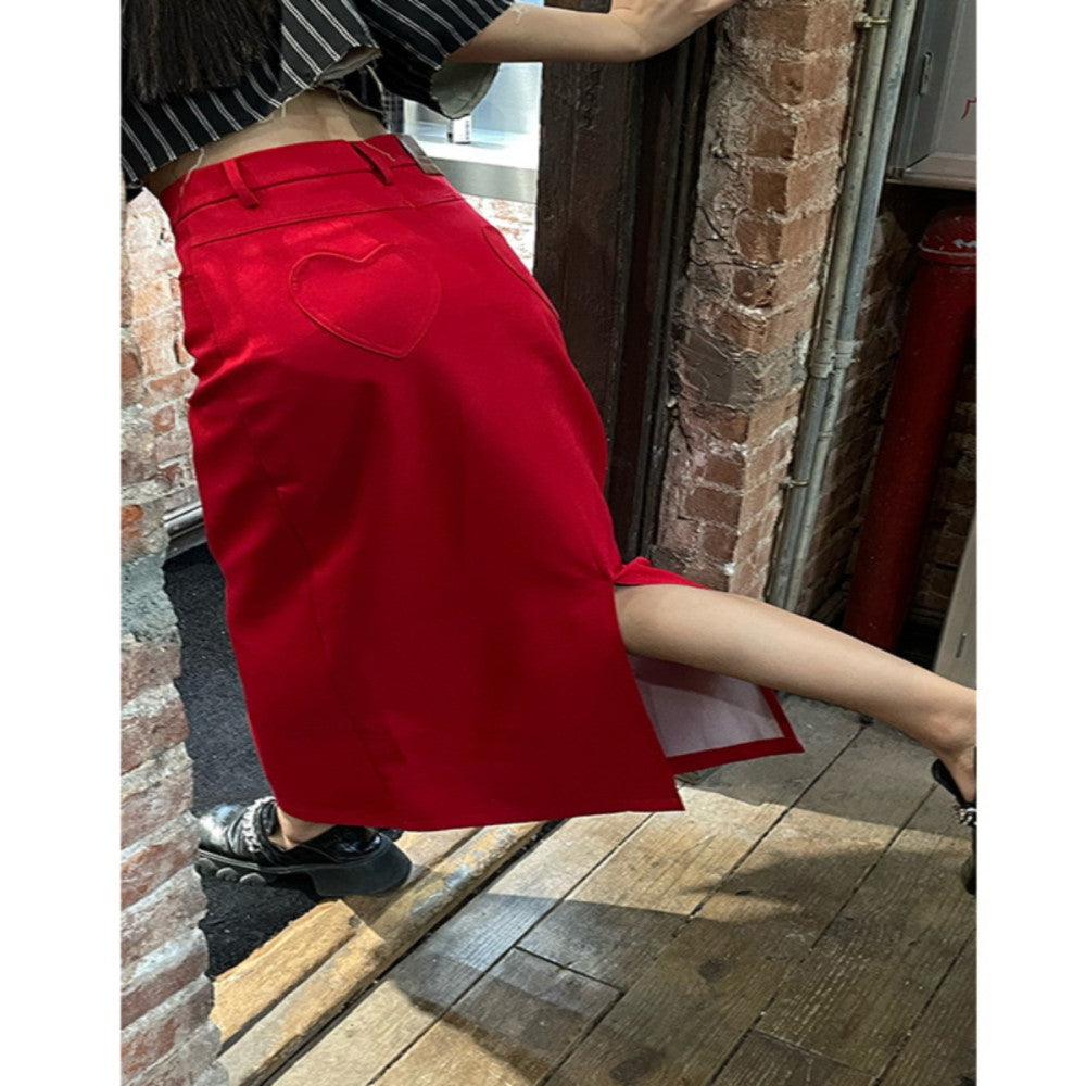 West Kowloon Spring and Autumn New Product High Waist Loose Peach Heart Straight Tube One Step Skirt with Split Half Body Long Dress in Red for Skinny Women image 27