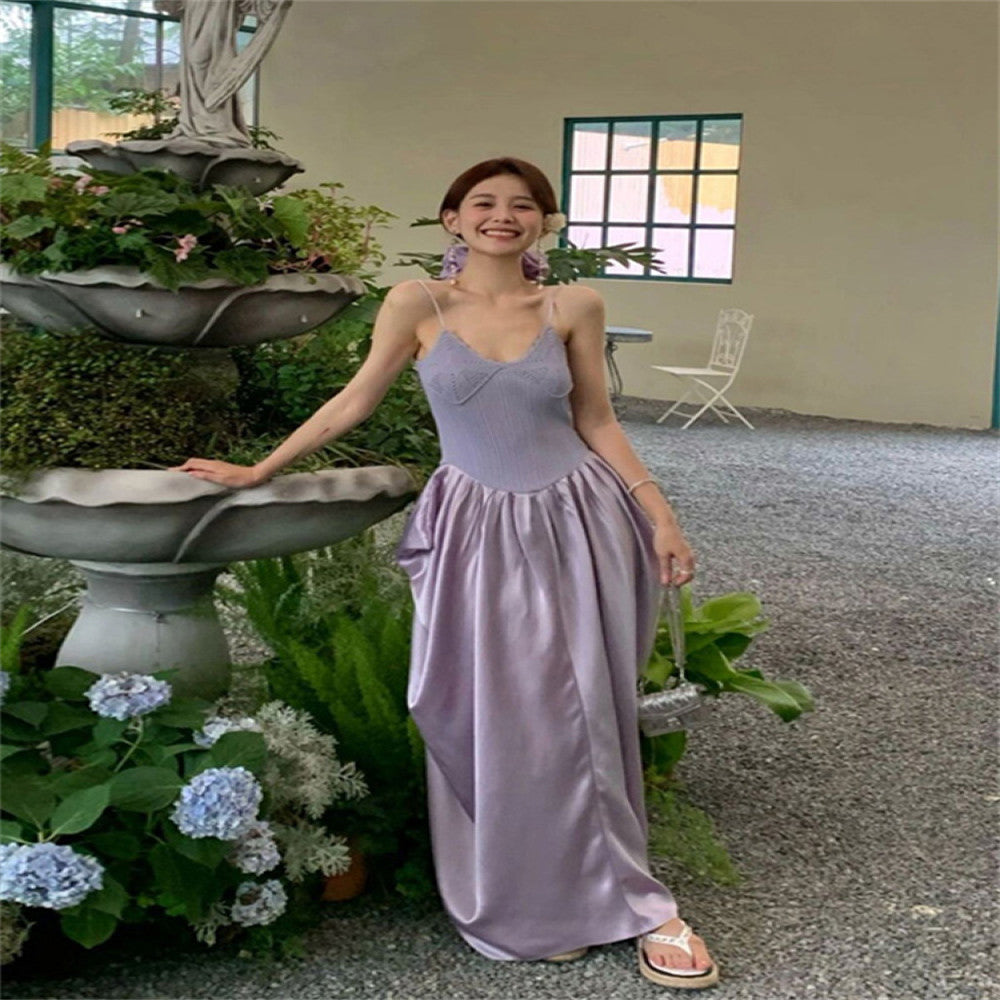 Birthday party dress high end light luxury niche party coming of age gift purple knitted patchwork suspender dress image 0