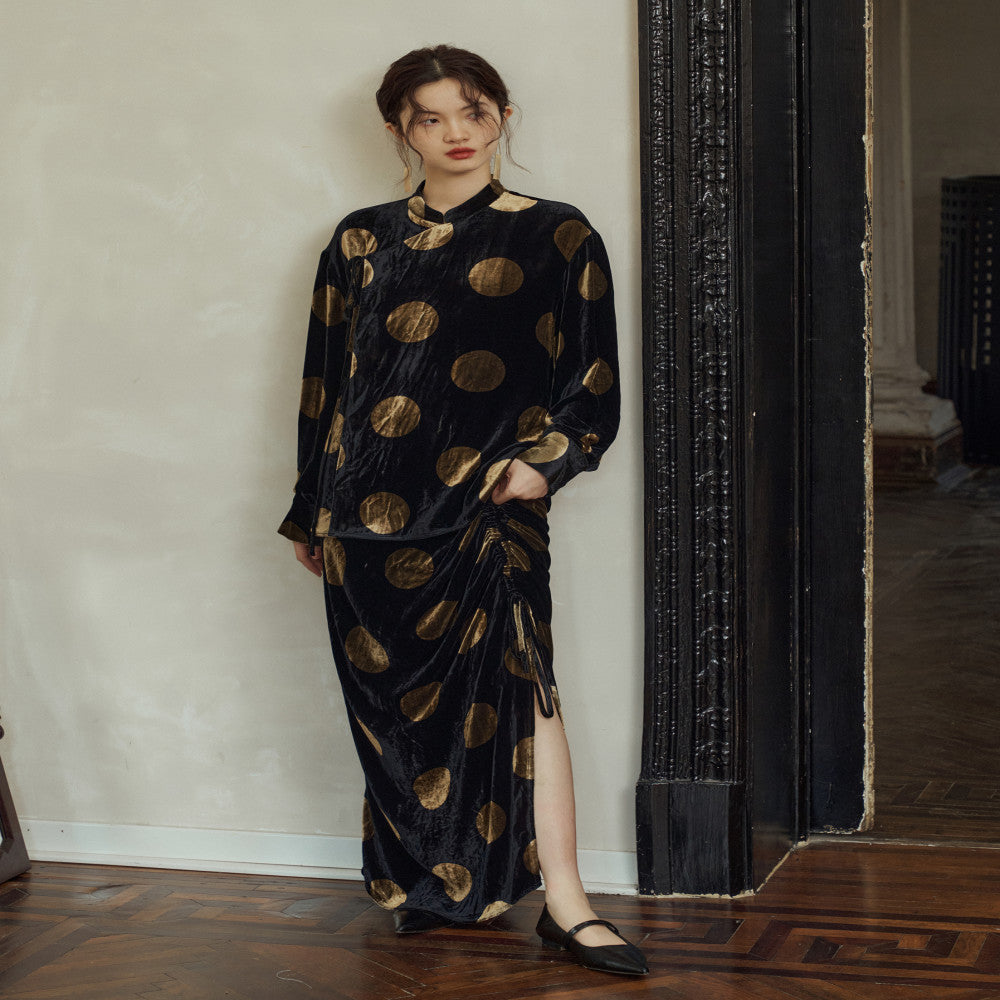 YUANYE Yuan Ye Yuan Yuan Yuan is full of original mulberry silk polka dot velvet new Chinese style shirt pleated half skirt set image 15