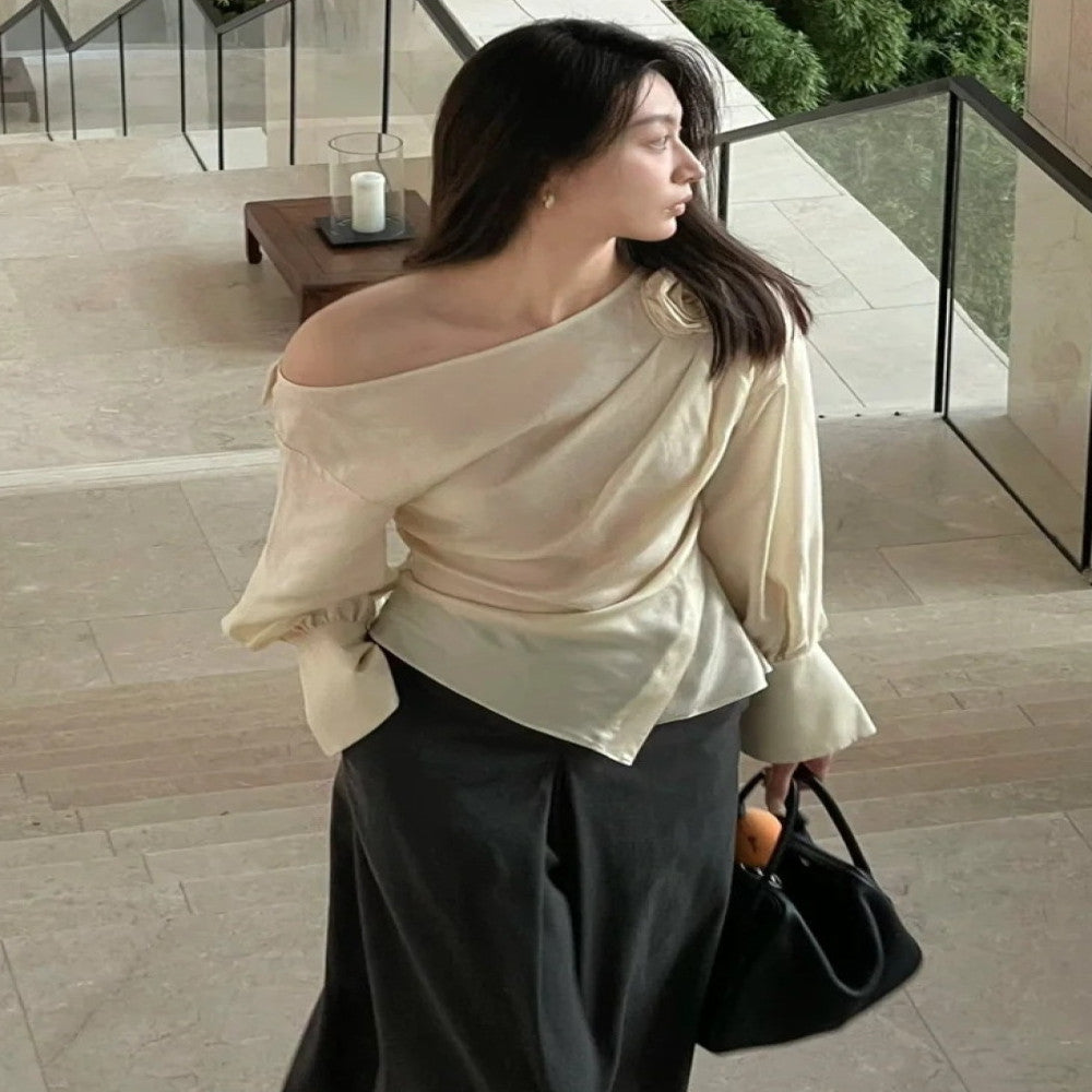 ASAYA2767 Niche rose flower oblique shoulder off-shoulder shirt long-sleeved women’s top