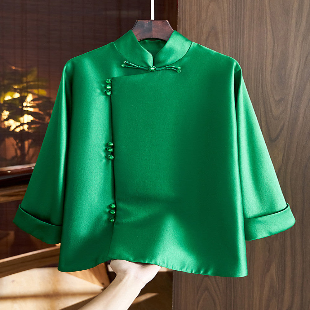 Chinese style slanted placket buttoned jacket women s western style retro improved Chinese silk wool Tang style shirt top autumn image 1