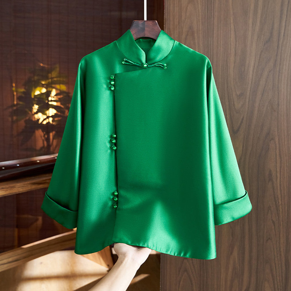 Chinese style slanted placket buttoned jacket women s western style retro improved Chinese silk wool Tang style shirt top autumn image 11