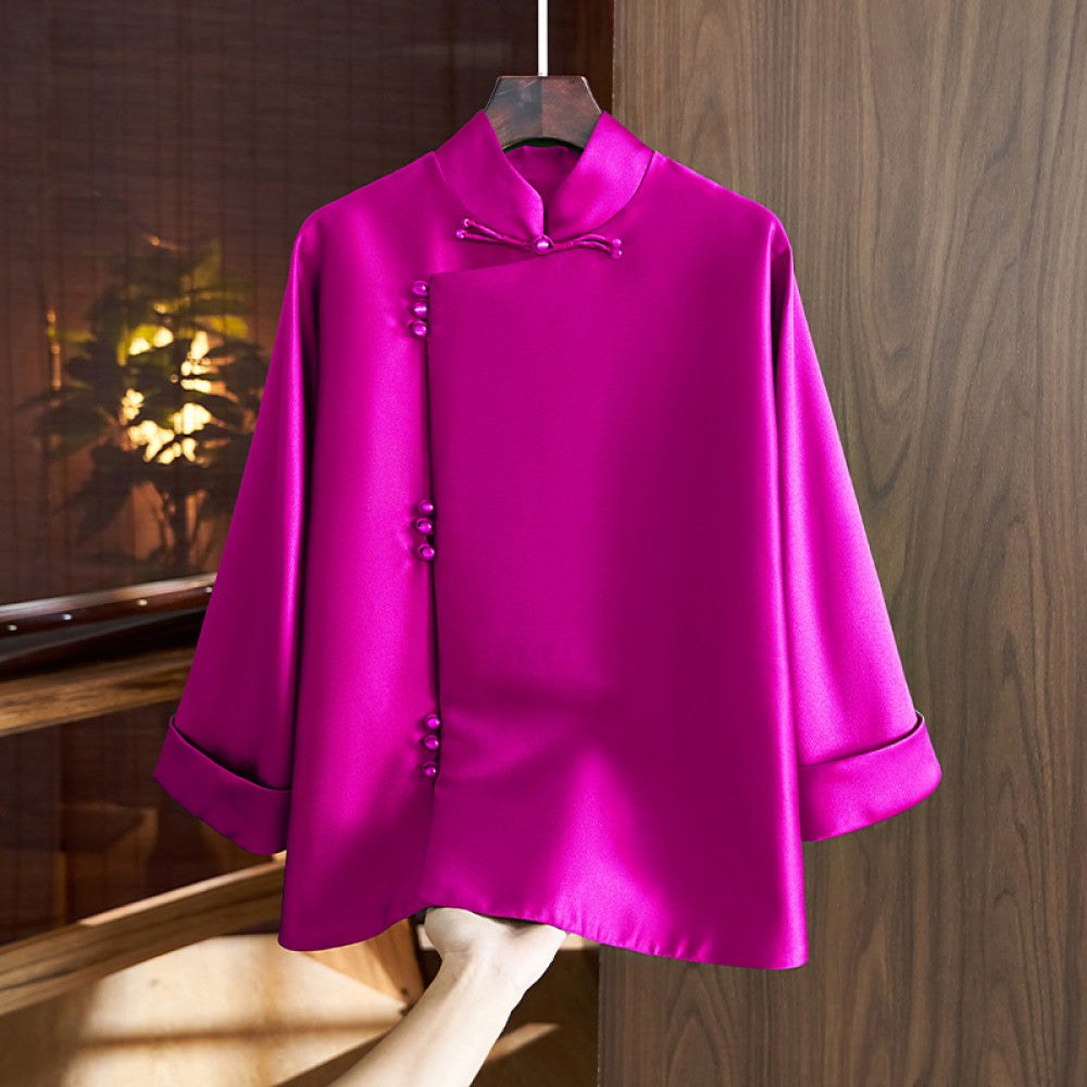 Chinese style slanted placket buttoned jacket women s western style retro improved Chinese silk wool Tang style shirt top autumn image 22
