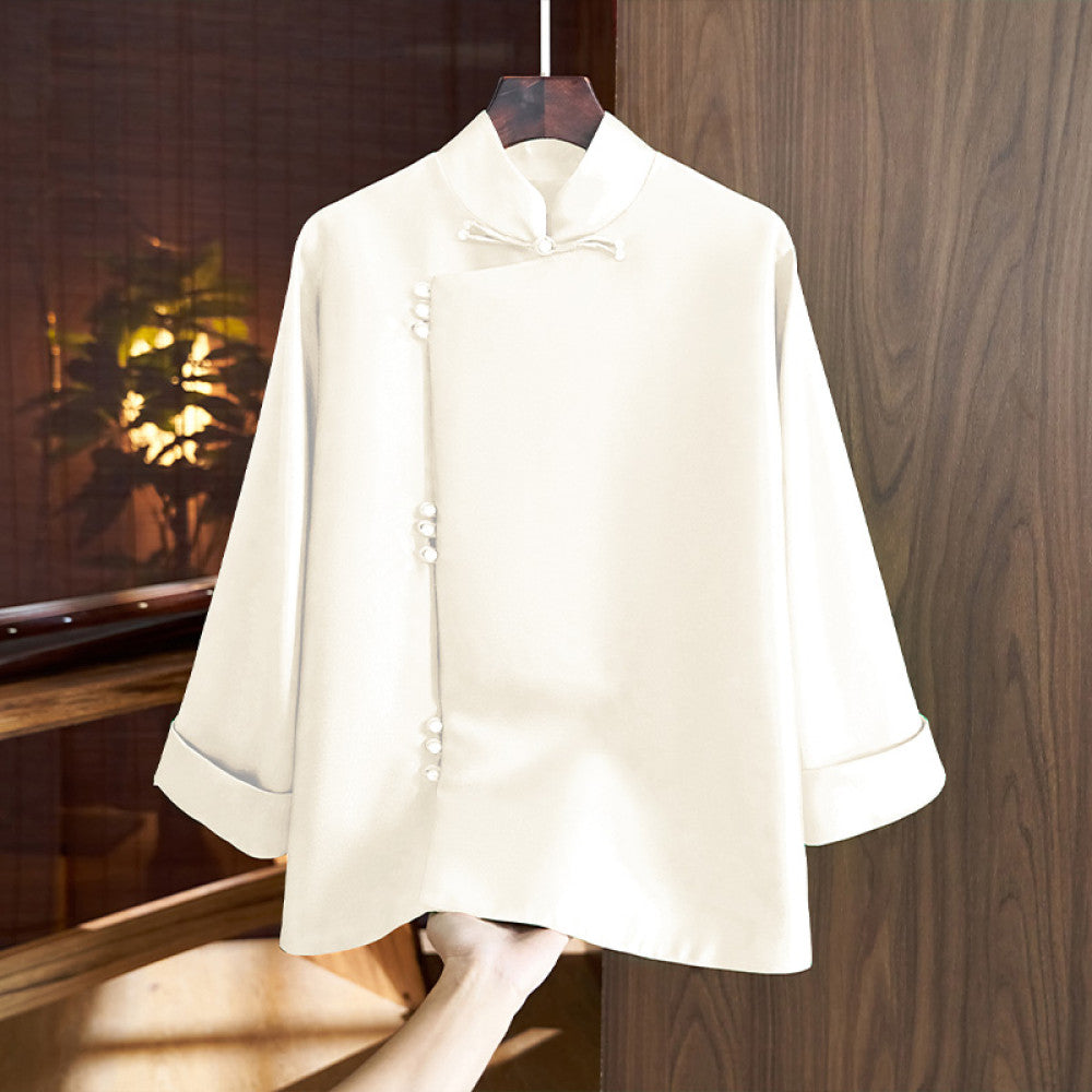 Chinese style slanted placket buttoned jacket women s western style retro improved Chinese silk wool Tang style shirt top autumn image 32