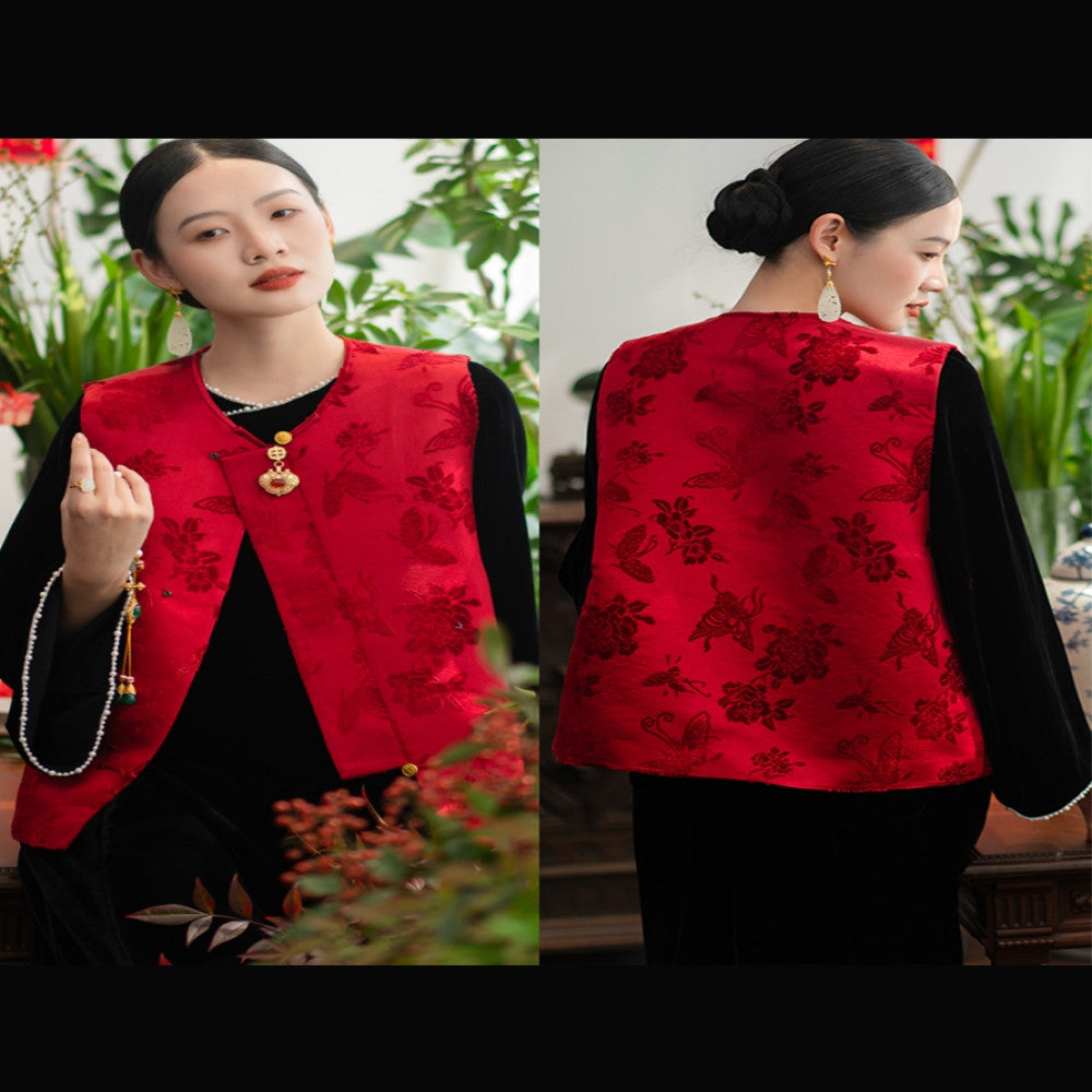 2024 New Product PCY1687 Intangible Cultural Heritage Zhangrong Red Butterfly Love Flower Chinese Retro Round Neck Cotton Jacket image 0