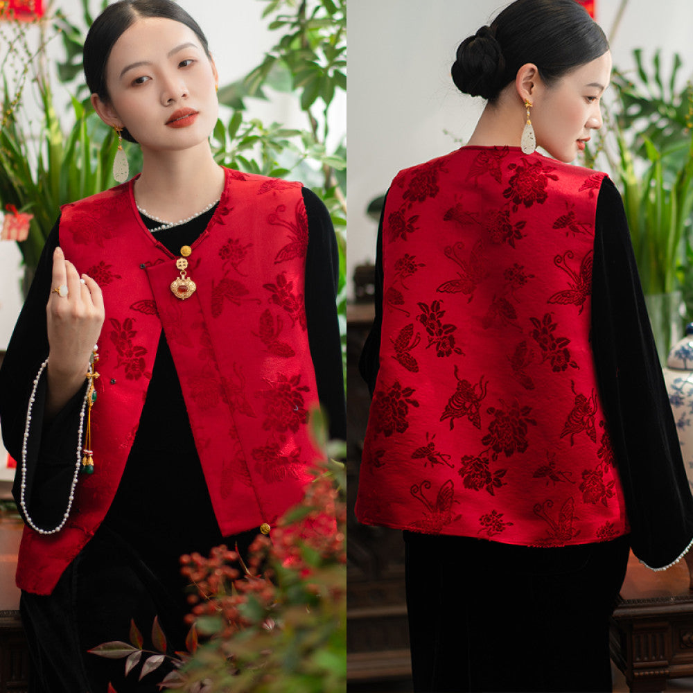 2024 New Product PCY1687 Intangible Cultural Heritage Zhangrong Red Butterfly Love Flower Chinese Retro Round Neck Cotton Jacket image 90