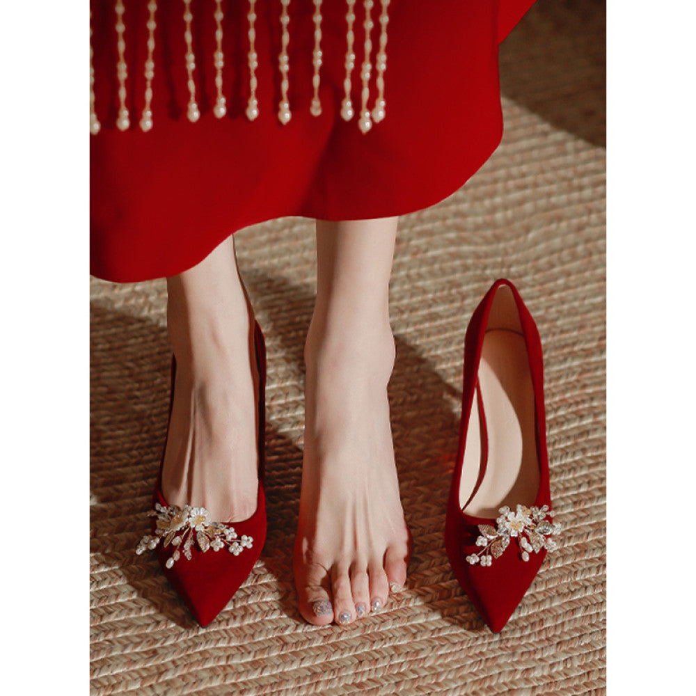 Red wedding shoes women s fashion show women s clothing two pairs of high heeled bridal shoes 2025 new pregnant women s thick heeled Chinese dress shoes image 0