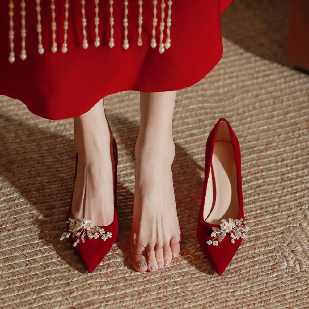 Red wedding shoes women s fashion show women s clothing two pairs of high heeled bridal shoes 2025 new pregnant women s thick heeled Chinese dress shoes image 141