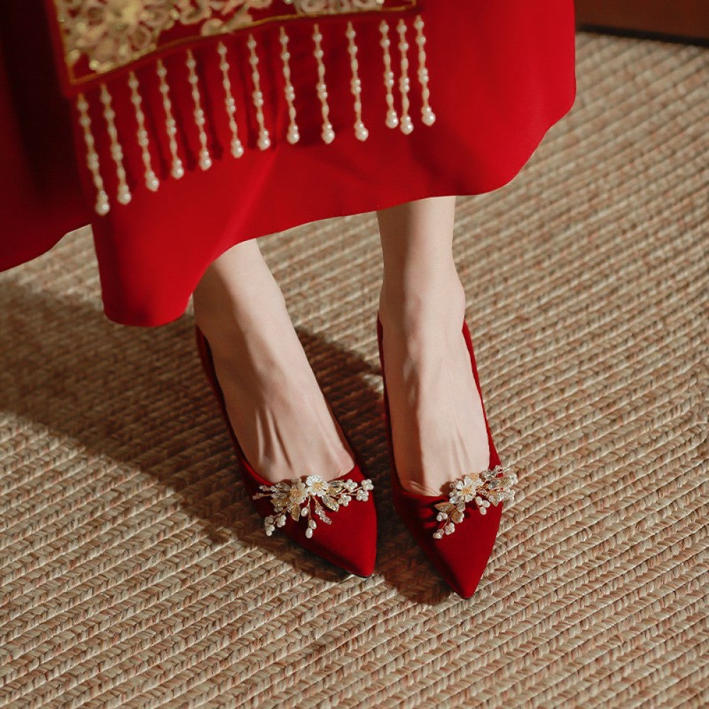 Red wedding shoes women s fashion show women s clothing two pairs of high heeled bridal shoes 2025 new pregnant women s thick heeled Chinese dress shoes image 164