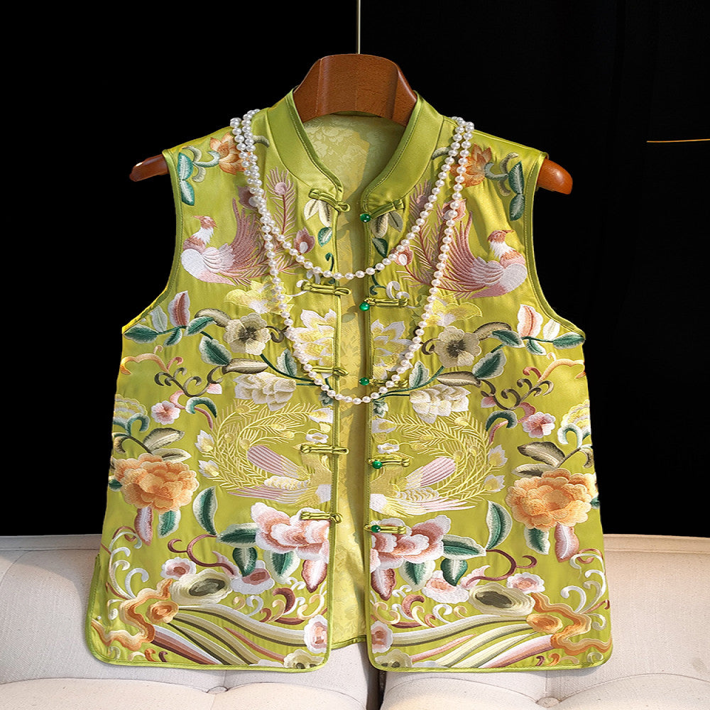 Retro heavy industry embroidery Chinese style vest for women light Chinese style improved cheongsam buckle satin sleeveless jacket for outerwear image 1