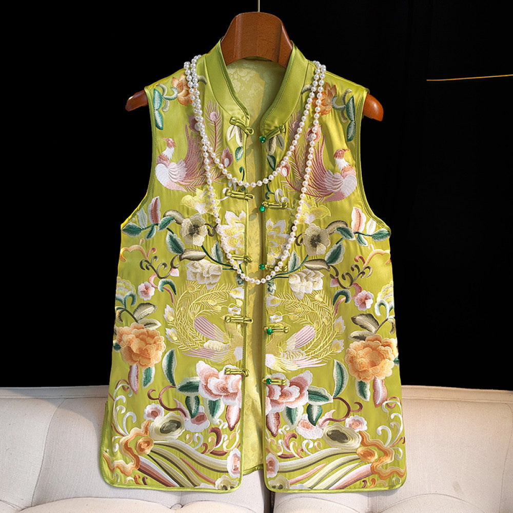 Retro heavy industry embroidery Chinese style vest for women light Chinese style improved cheongsam buckle satin sleeveless jacket for outerwear image 7