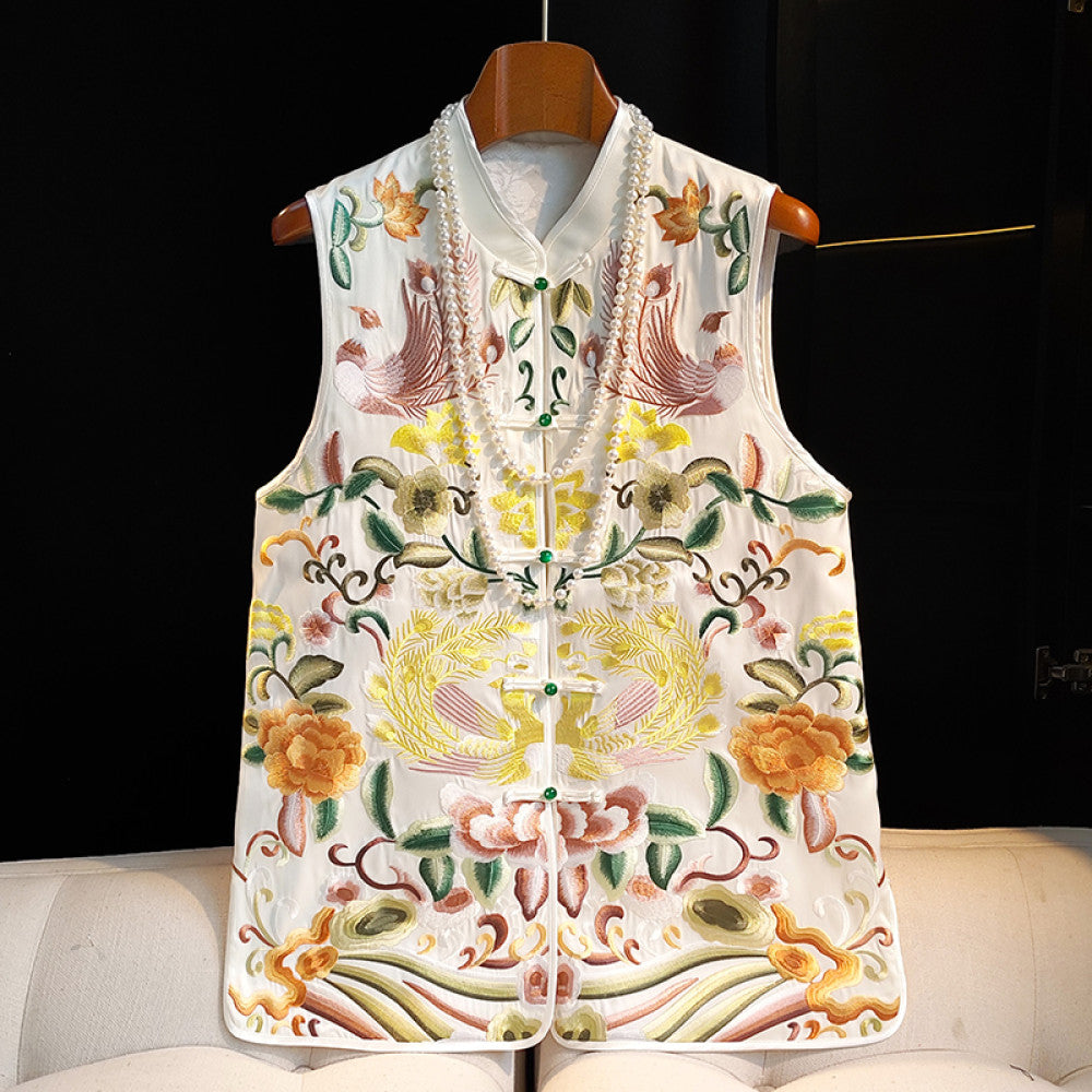 Retro heavy industry embroidery Chinese style vest for women light Chinese style improved cheongsam buckle satin sleeveless jacket for outerwear image 18