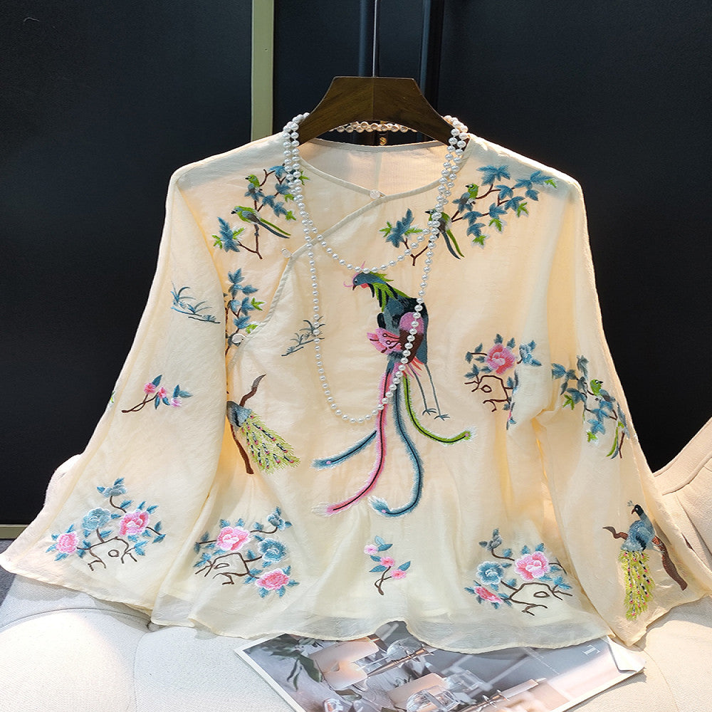 Retro New Chinese Round Neck Embroidered Shirt for Women s Summer 2025 New Fashionable Chinese Style Casual Versatile Top Trend image 1