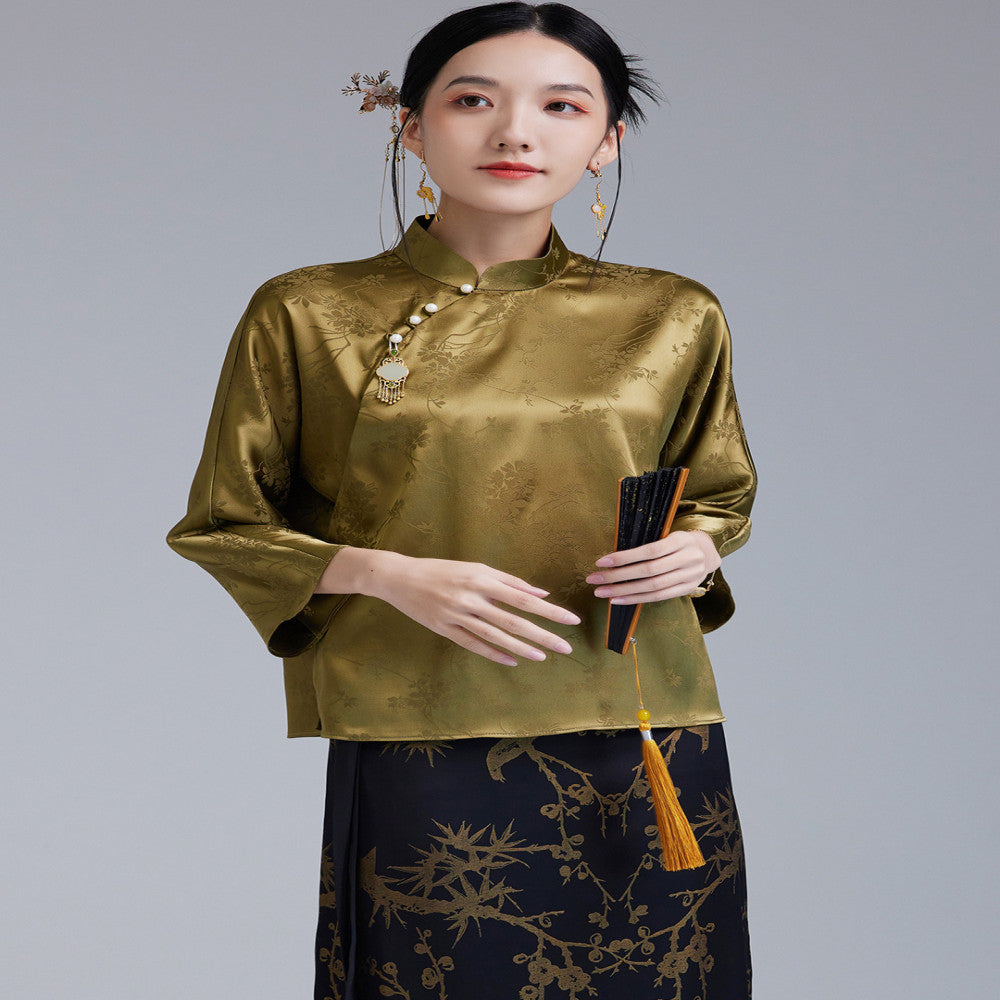 Moyu 2024 Early Autumn New Chinese Style Retro Improved Jacquard Section Tang Costume Top Chinese Literary Tea Dress Shirt image 1