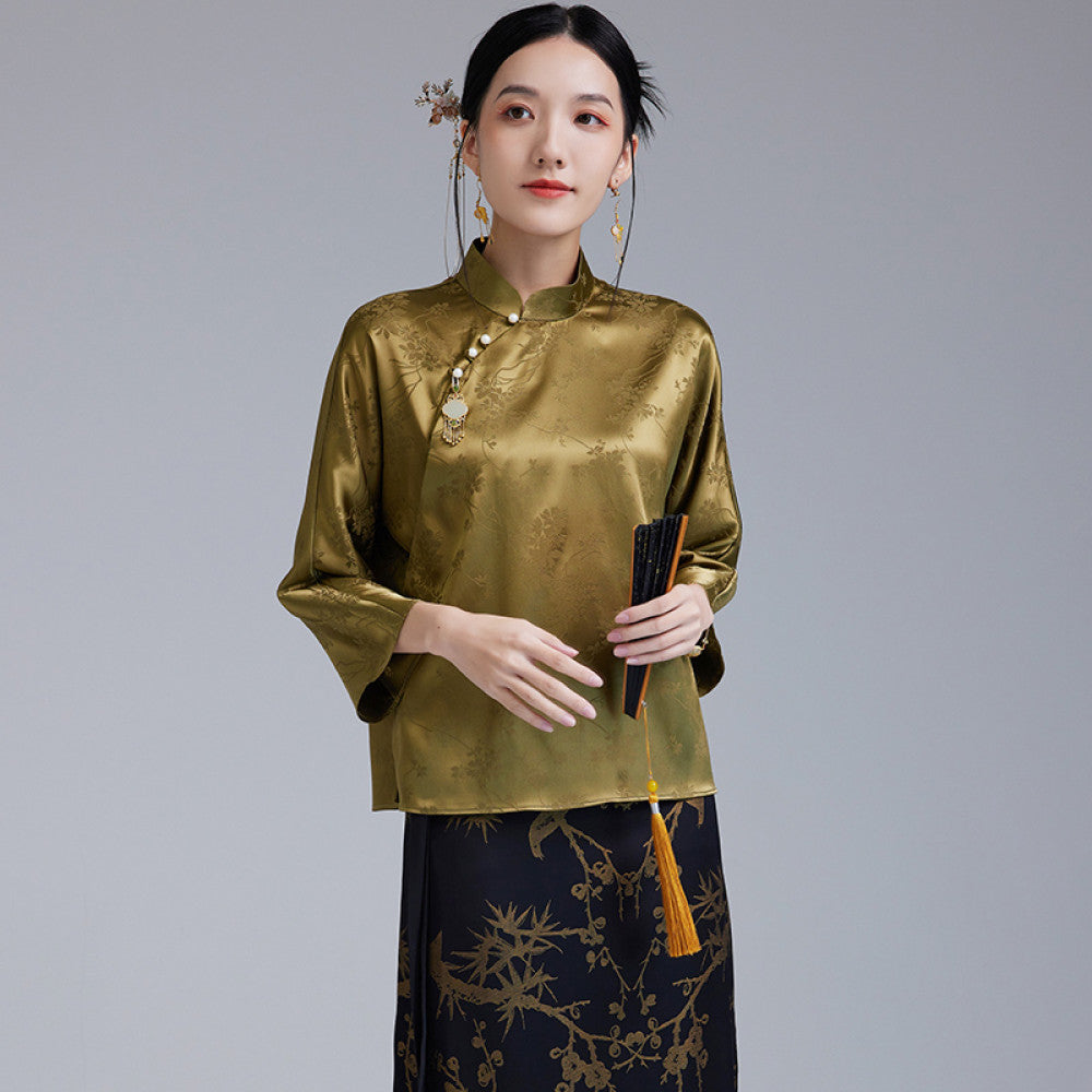 Moyu 2024 Early Autumn New Chinese Style Retro Improved Jacquard Section Tang Costume Top Chinese Literary Tea Dress Shirt image 8