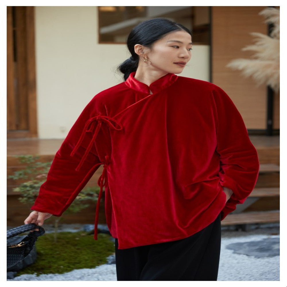 TAORAN Women s New Chinese Gold Velvet Tang Coat Women s Chinese Cotton Jacket Zen Tea Dress New Year s Wear image 2