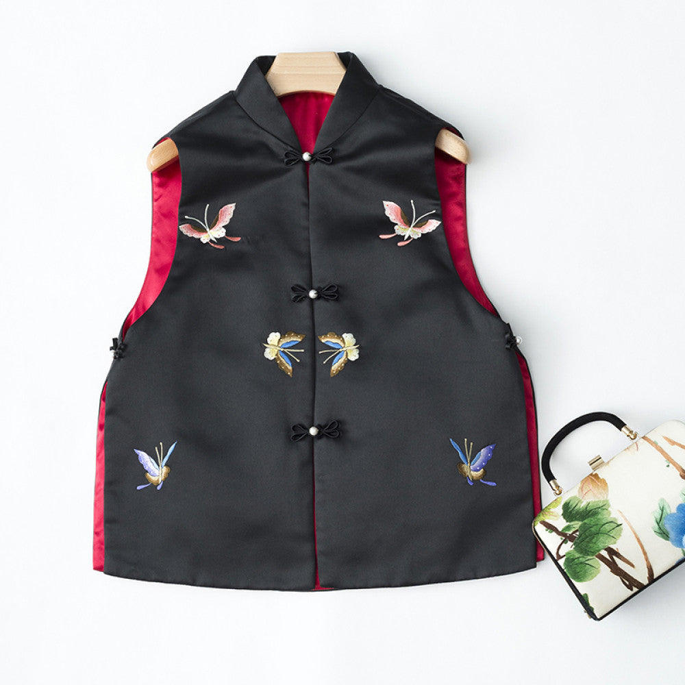 Elegant Classic Cheongsam Women s Retro Chinese Style New Chinese Short Style Butterfly Embroidery Stand up Collar Vest Cotton Coat image 62