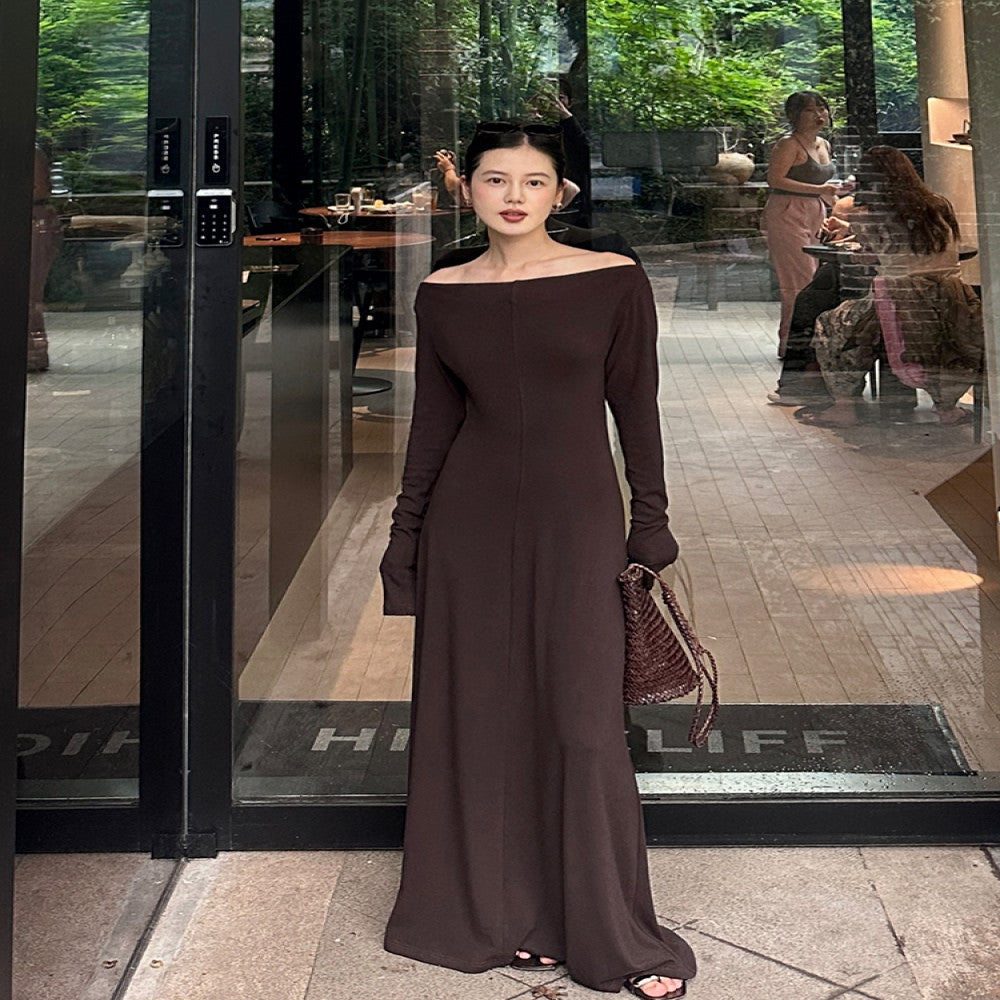 Cml elegant lazy parallel gentle temperament simple one shoulder knitted long dress slimming long skirt image 1