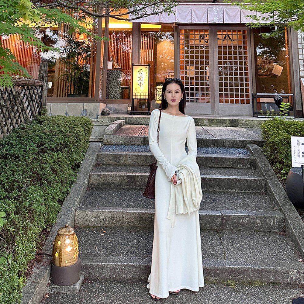Cml elegant lazy parallel gentle temperament simple one shoulder knitted long dress slimming long skirt image 10