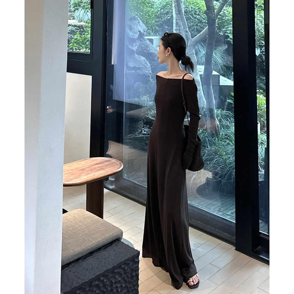 Cml elegant lazy parallel gentle temperament simple one shoulder knitted long dress slimming long skirt image 15