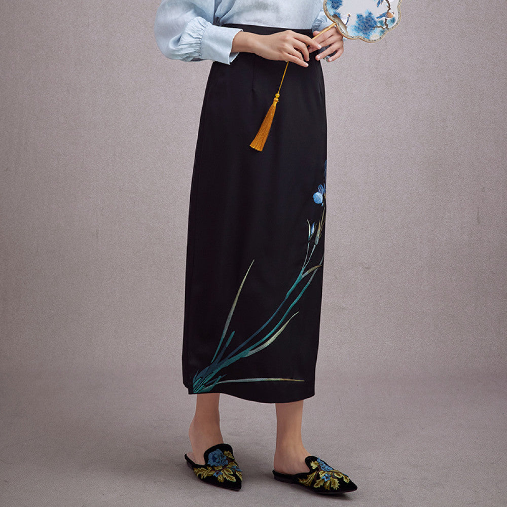Moyu 2024 autumn new Chinese style orchid embroidery daily Chinese temperament cheongsam style side slit skirt image 10