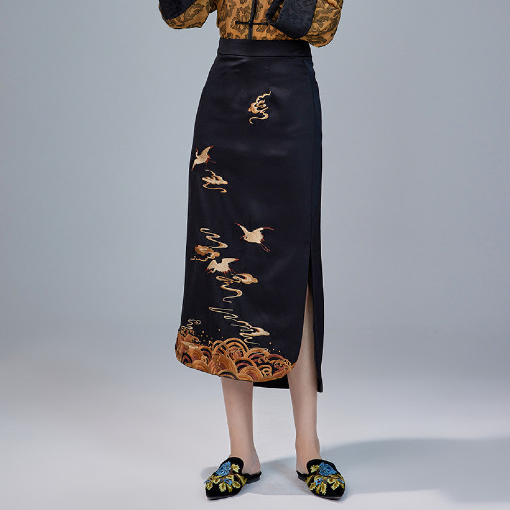 Moyu 2024 Spring Summer New Chinese Style Original Retro Embroidery Improved Cheongsam Skirt Medium Long Chinese Half length Skirt image 12