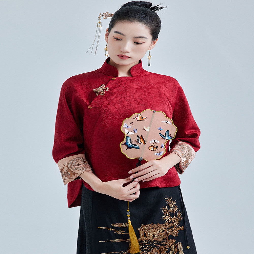 Moyu 2024 Autumn New Style Republic of China Style Improved Elegant Jacquard Satin Embroidered New Chinese Red Tang Costume Top image 1