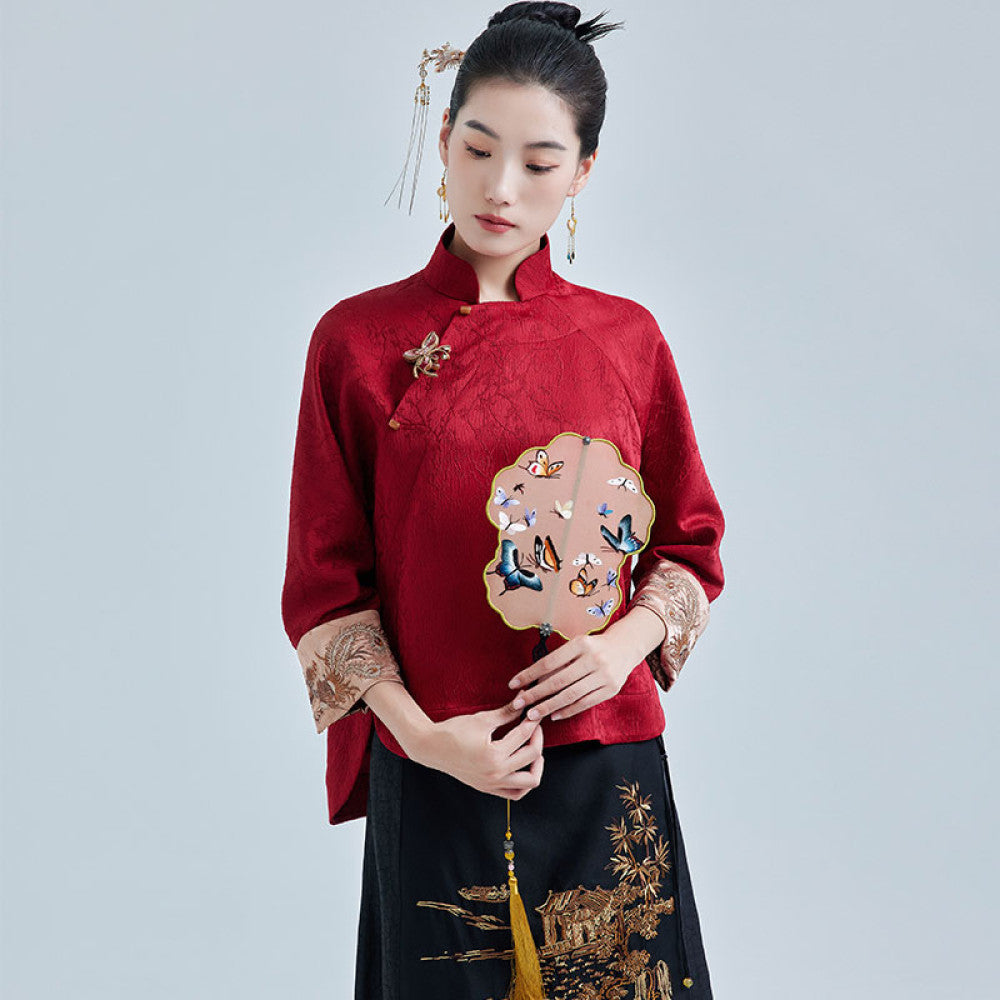 Moyu 2024 Autumn New Style Republic of China Style Improved Elegant Jacquard Satin Embroidered New Chinese Red Tang Costume Top image 10