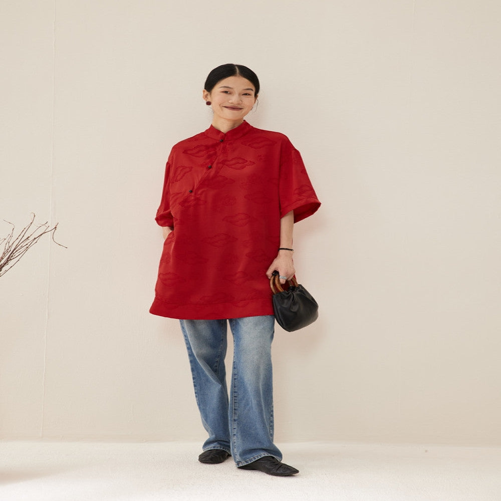TAORAN New Chinese Style Zen Women s Wear Red High Grade Pan Button Shirt Summer Satin Jacquard Top for Women image 0