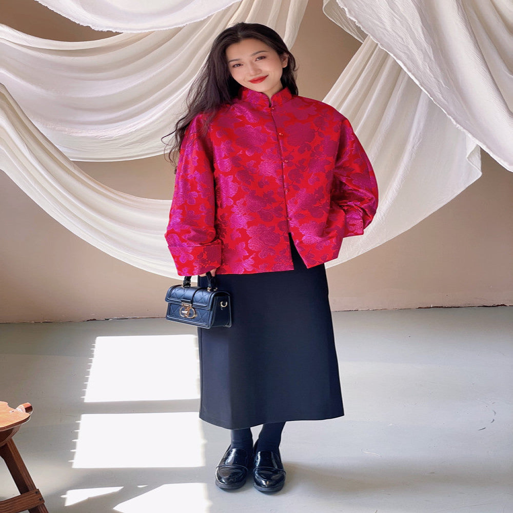 TAORAN women s new Chinese style cheongsam top for tall and fashionable women Tang style jacket with cotton jacket red New Year s clothing image 12