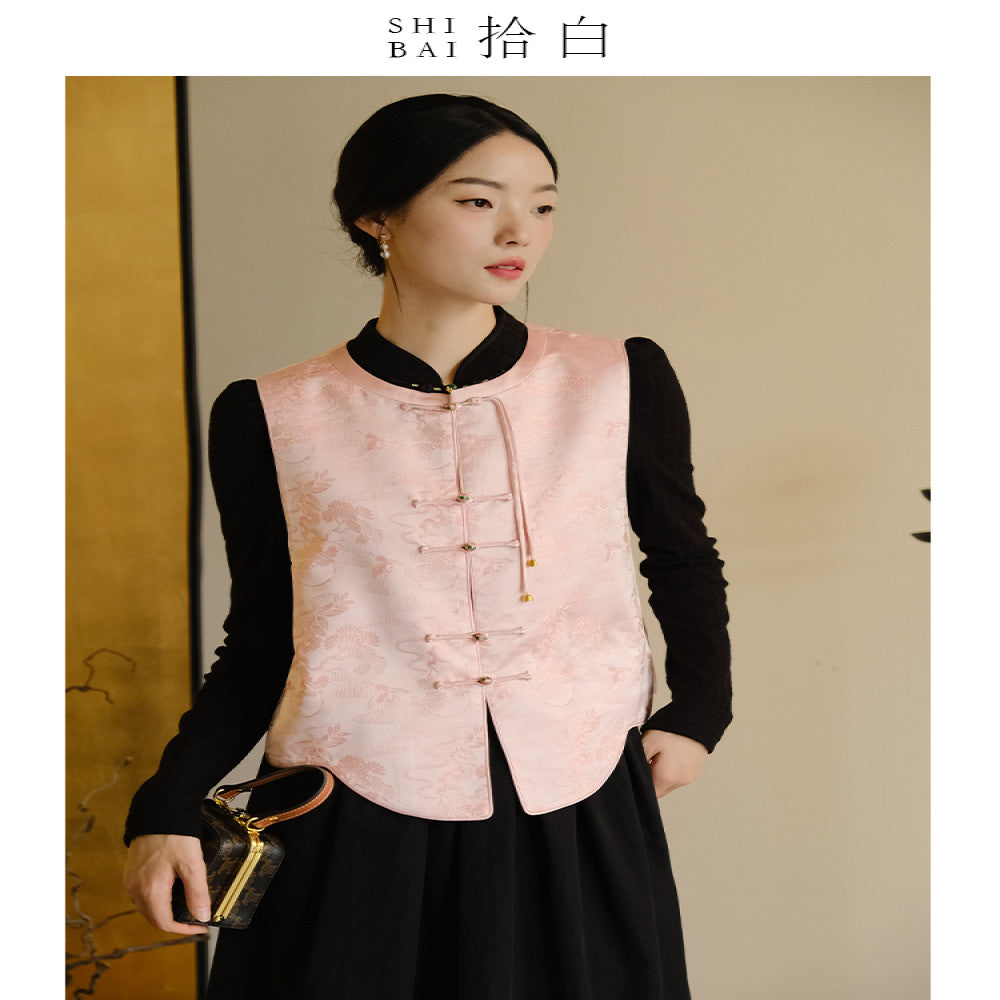 SHIBAI White Moon Under Guitu New Chinese style Vest Original Chinese Style Women s Pink Zen style Pan buttoned Top image 21