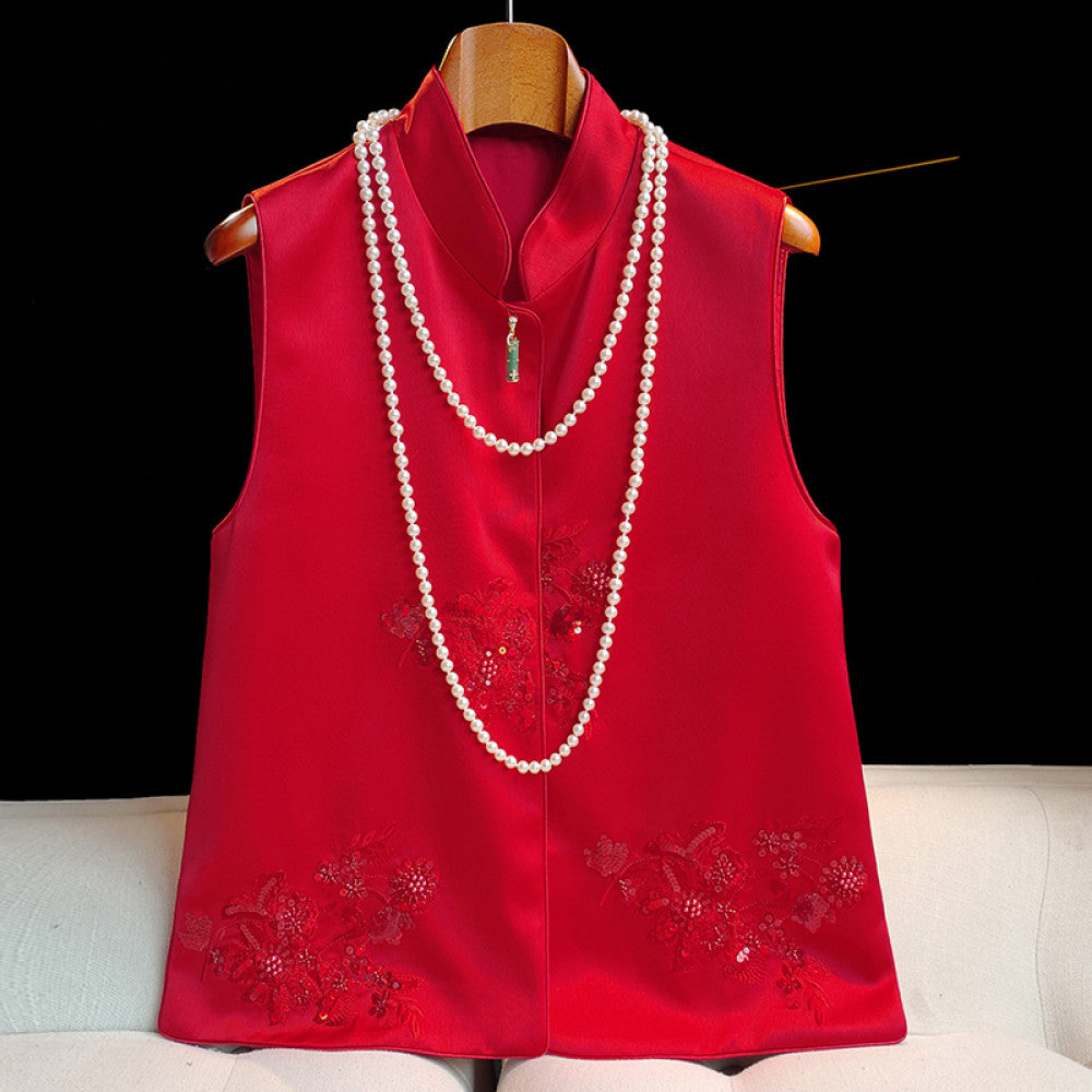 Advanced sense of acetic acid new Chinese style vest for women design sense of jade bamboo buckle nail bead embroidery top jacket image 13