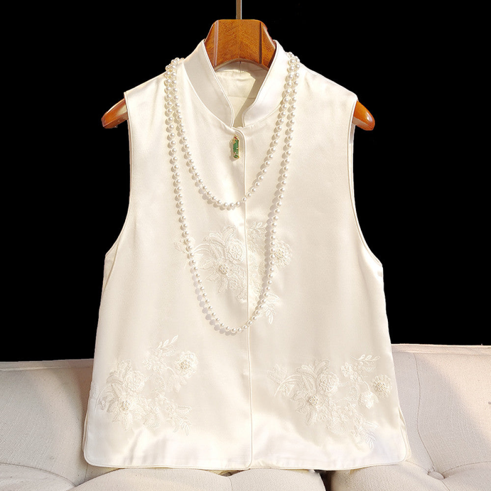 Advanced sense of acetic acid new Chinese style vest for women design sense of jade bamboo buckle nail bead embroidery top jacket image 21