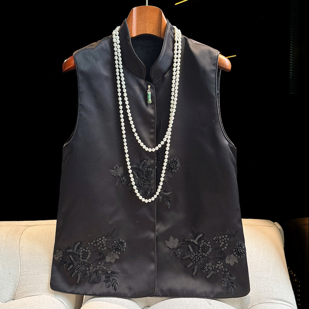 Advanced sense of acetic acid new Chinese style vest for women design sense of jade bamboo buckle nail bead embroidery top jacket image 27