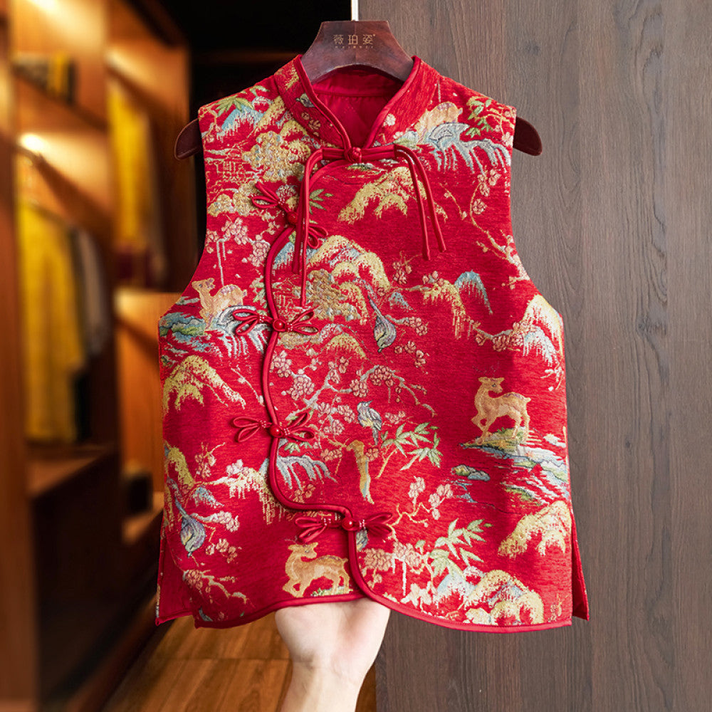 Red retro China Chic style embroidery new Chinese cotton jacket waistcoat for women with thin and light modified button cotton jacket image 8