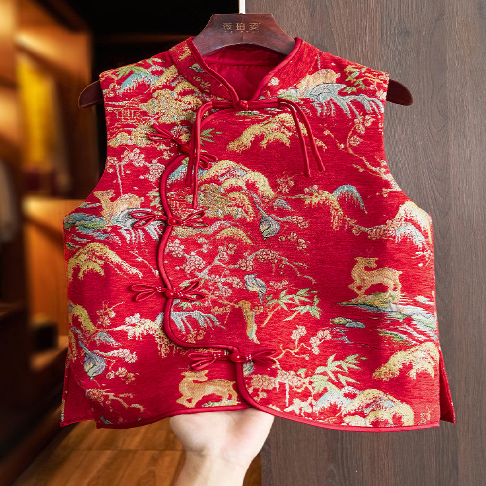 Red retro China Chic style embroidery new Chinese cotton jacket waistcoat for women with thin and light modified button cotton jacket image 17
