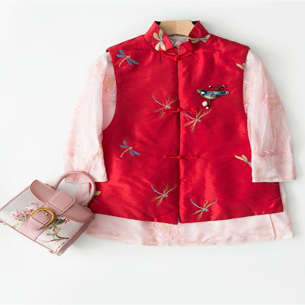 Zhendian Baby TL017 Double sided Wearing Spring and Autumn New Chinese Style Imitation Taisi Dragonfly Embroidery Standing Collar Cotton Temperament Vest Girl image 7