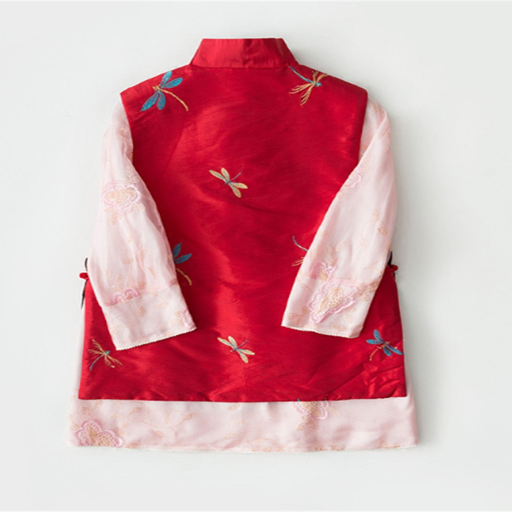 Zhendian Baby TL017 Double sided Wearing Spring and Autumn New Chinese Style Imitation Taisi Dragonfly Embroidery Standing Collar Cotton Temperament Vest Girl image 8
